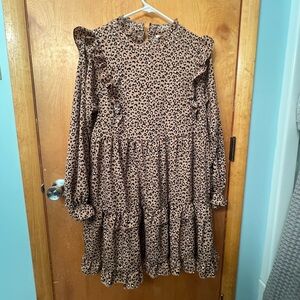 Leopard Ruffle Bodice Long Sleeve Dress